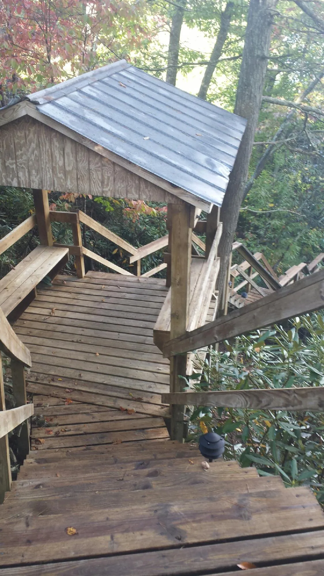 Metal roofed shelter over wooden steps on a wooded walkway — Skylight Repair & Installation work by our crew in Leicester
